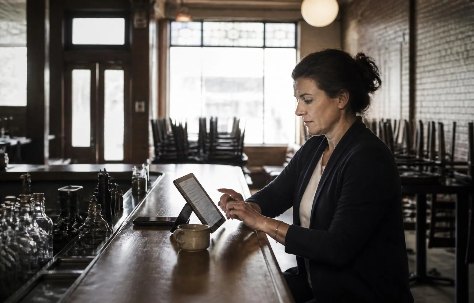 Gerente de restaurante revisando en su tablet el resumen del día antes de abrir